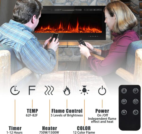 CharaVector Electric Fireplaces Recessed Wall Mounted Fireplace Insert 50 Inch Wide Heater LED Fire Place Remote Control & Touch Screen, 1-12 Hours Timer, 12 Color Flame and Log Color - Image 4