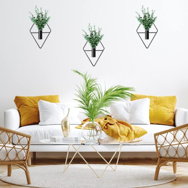 4 Pcs Plant Wall Decor Diamond Shape Hanging Planters with Artificial Plants Geometric Wall Decor Metal Hanging Vase Indoor Plants Holder for Living Room Bathroom Home (Eucalyptus) - Image 5
