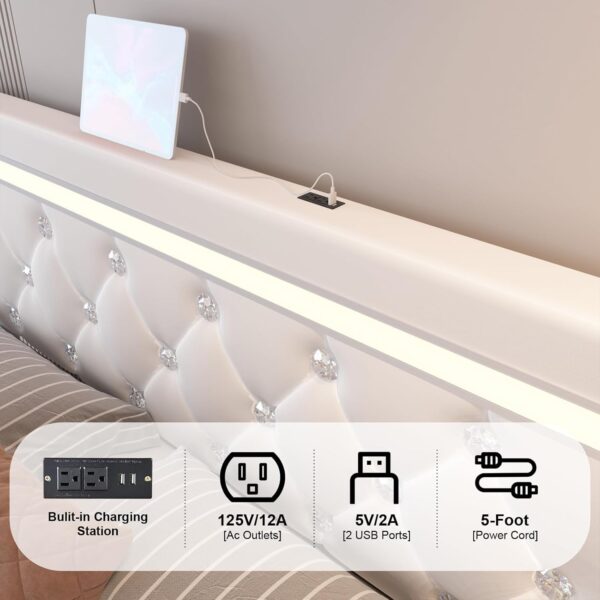 Queen Size Bed Frame with 4 Drawers and Adjustable LED Headboard, PU Leather Upholstered Platform Storage Bed with Charging Station, Wooden Slats Support, No Box Spring Needed, White - Image 4