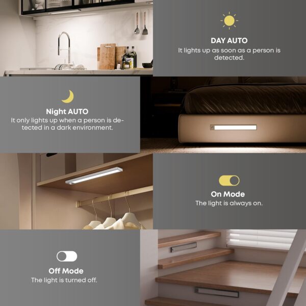 Under Cabinet Lights, 2 Pack Magnetic Dimmable Closet Lights, 32 LED 1500 mAh USB Rechargeable Battery Operated Motion Sensor Light Indoor, Wireless Under Counter Lights for Kitchen, Stairs - Image 6