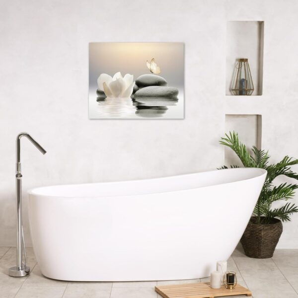 EOBTAIN Zen Stone Canvas Wall Art White Flower and Yellow Butterfly on Lake Wall Art for Bathroom Living Room Bedroom Modern Spiritual Yoga Spa Picture Wall Decor Framed Bedroom Wall Art,16x12 Inches - Image 2