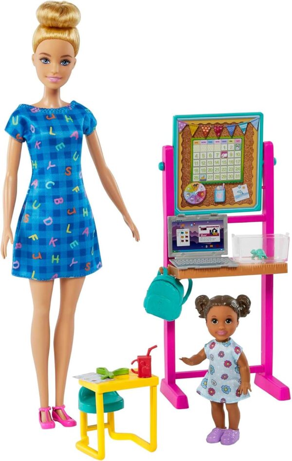 Barbie Teacher Doll (Blonde), Toddler Doll (Brunette), Flip Board, Laptop, Backpack, Toddler Desk, Pet Turtle, For Ages 3 Years Old & Up