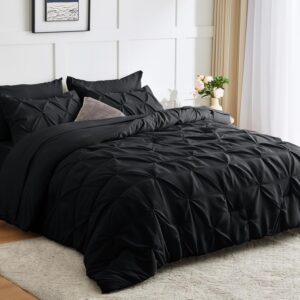 CozyLux Queen Comforter Set - 7 Pieces Bed in A Bag Queen Black Comforters Queen Size Black, Pintuck Pinch Pleat Complete Bedding Sets with Comforter, Flat Sheet, Fitted Sheet and Pillowcases & Shams