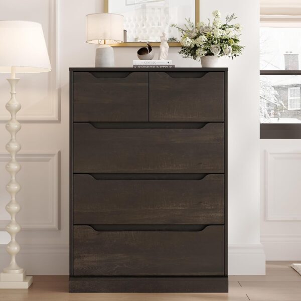 HOSTACK Modern 5 Drawer Dresser for Bedroom, Chest of Drawers with Storage, Wood Storage Chest Organizers with Cut-Out Handles, Accent Storage Cabinet for Living Room, Entryway, Hallway, Dark Brown - Image 5