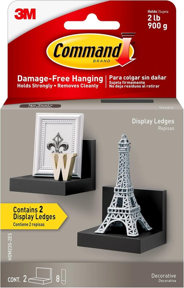 Command Display Ledges, Holds up to 2 lb, Slate, 2 Ledges with 8 Medium Command Strips, Damage Free Hanging Floating Shelf with Adhesive Strips, Personalize Living Room, Bedroom, Kids Room or Office