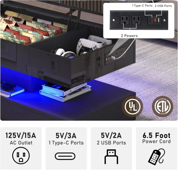 47.2" Large Lift Top Coffee Table,Modern High Glossy LED Coffee Tables for Living Room with Storage,Black Living Room Tables for Living Room,Dining Room,Bedroom Home Office,APP LED Lights - Image 3