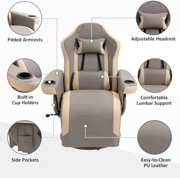 HOMCOM Manual Recliner Armchair PU Leather Lounge Chair w/Adjustable Leg Rest, 135° Reclining Function, 360° Swivel, Cup Holder and, Storage Pocket - Image 6