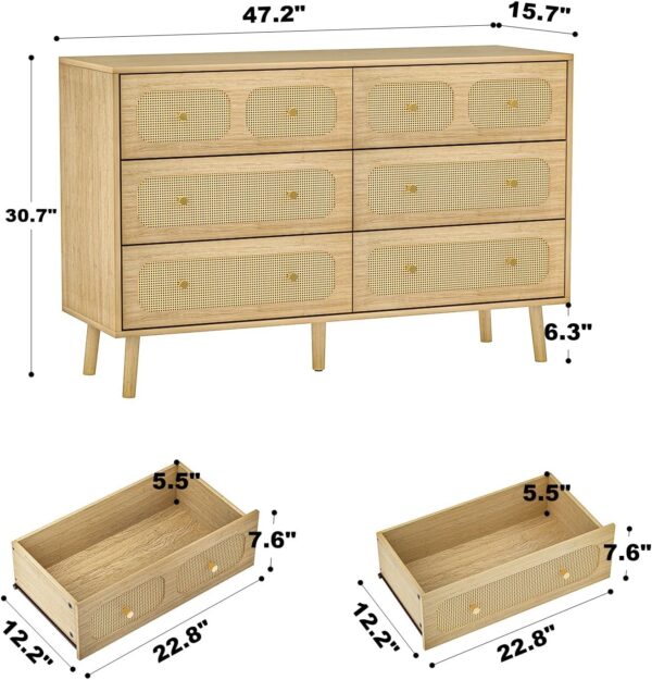 Rattan Dresser for Bedroom, Modern 6 Drawer Double Dresser with Gold Handles, Natural Wood Storage Dressers & Chests of Drawers, 6 Drawer Dressers - Image 2