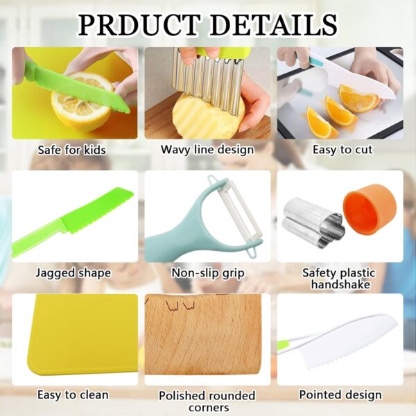 RISICULIS 11 Pieces Wooden Kids Kitchen Knife, Kids Knife Set Include Wood Kids Knife, Serrated Edges Plastic Toddler Knife, Crinkle Cutter, Sandwich Cutter, Y Peeler, Cutting Board - Image 3