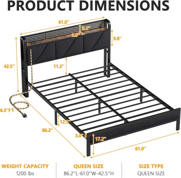 Furnulem Queen Size Bed Frame with Headboard and LED Lights,Upholstered Bedframe with Charging Station and USB Port, Platform Metal Bed Frame,No Box Spring Needed, Noise Free - Image 2