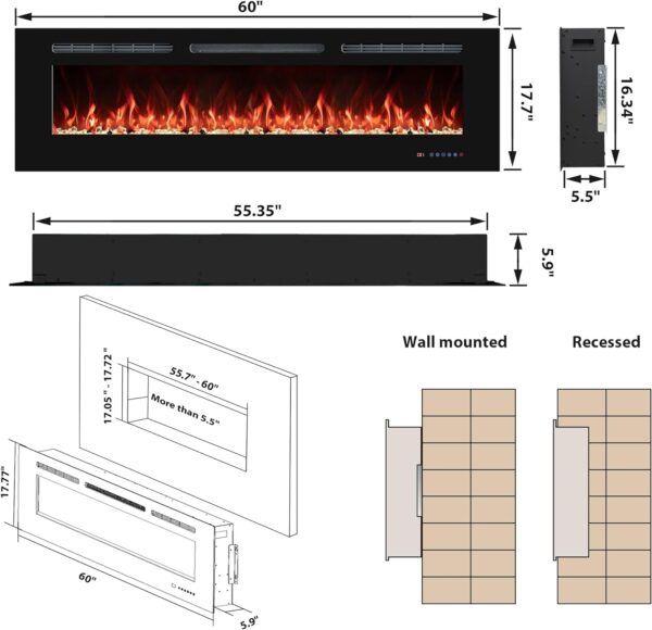 60'' Electric Fireplaces Inserts, Recessed & Wall-Mounted Fireplace Heater with Thermostat, Multicolor Flames,Timer, Log & Crystal, 750/1500W, Black - Image 2