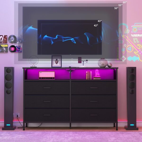 Dresser for bedroom, Fabric Black Bedroom Dresser with LED Lights and Charging Station, 6 Long Drawers Dresser, Tall Wide Chest of Drawers Storage Organizer TV Stand for up to 60" TV for Living Room - Image 5
