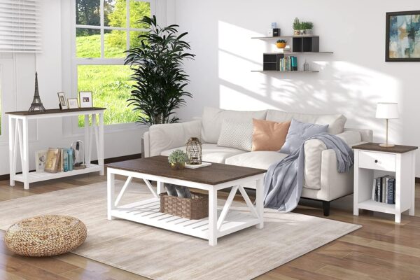 ChooChoo Farmhouse Coffee Table, Rustic Vintage Living Room Table with Shelf, 40 White - Image 7
