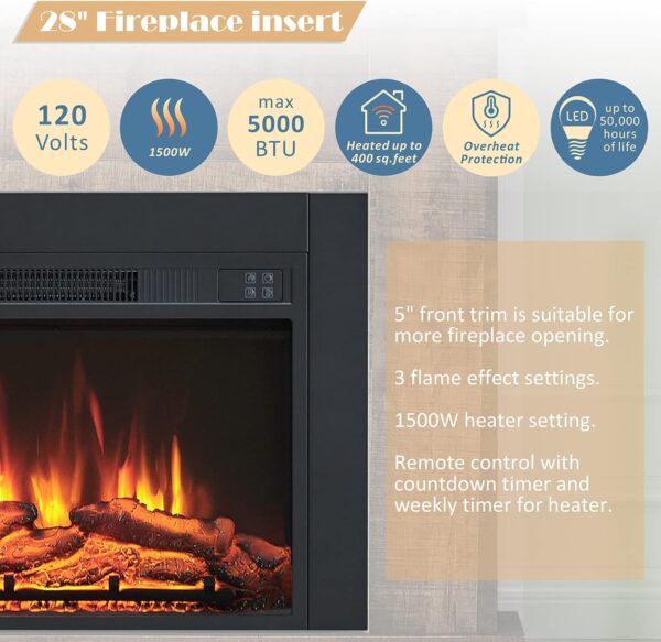 Efiretric® Adam Electric Fireplace Insert with Front Trim Kit, 23" W x 17" H (EF447) with Front Trim Kit, 1500W Heater, Remote Control and Timer - Image 3