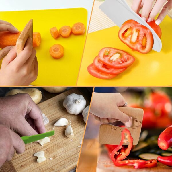 RISICULIS 11 Pieces Wooden Kids Kitchen Knife, Kids Knife Set Include Wood Kids Knife, Serrated Edges Plastic Toddler Knife, Crinkle Cutter, Sandwich Cutter, Y Peeler, Cutting Board - Image 5
