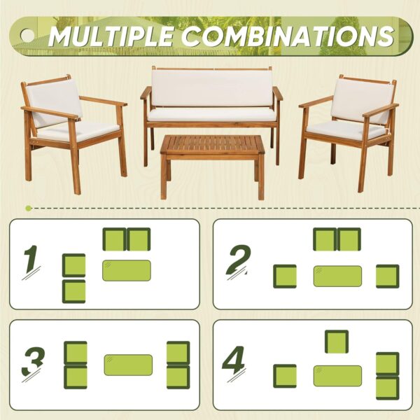 Flamaker Patio Furniture 4 Piece Outdoor Acacia Wood Patio Conversation Sofa Set with Table & Cushions Porch Furniture for Deck, Balcony, Backyard - Image 6