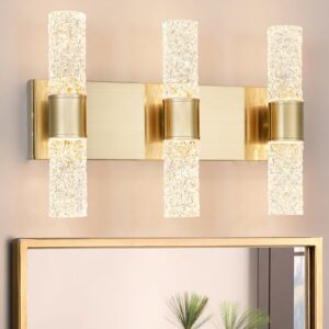 Gold Bathroom Light Fixture, Modern Gold Vanity Light for Bathroom, Crystal 6 Light Bathroom Light Fixtures Over Mirror, 27w LED Bathroom Wall Sconce 3000K Warm White
