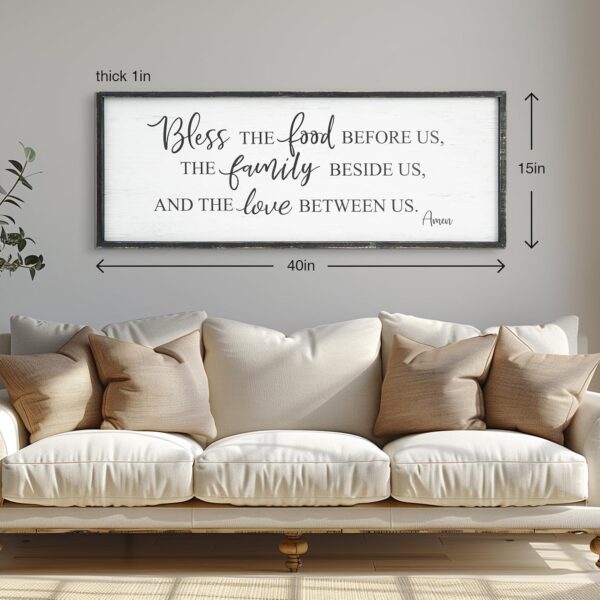 Bless The Food Before Us Home Decor Wall Sign For Family Kitchen Farmhouse Dining Room Vintage Rustic Retro Boho Wood House Wall Art Decoration For Living Room Bedroom 40 x 15 Inch white black - Image 3
