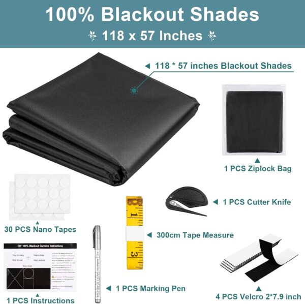100% Blackout Curtains, 118" X 57" Portable Black Out Curtains for Bedroom, Temporary Blackout Blinds, Travel Blackout Shades, Blackout Window Cover for Nursery, Rv, Dorm Room (Black) - Image 2