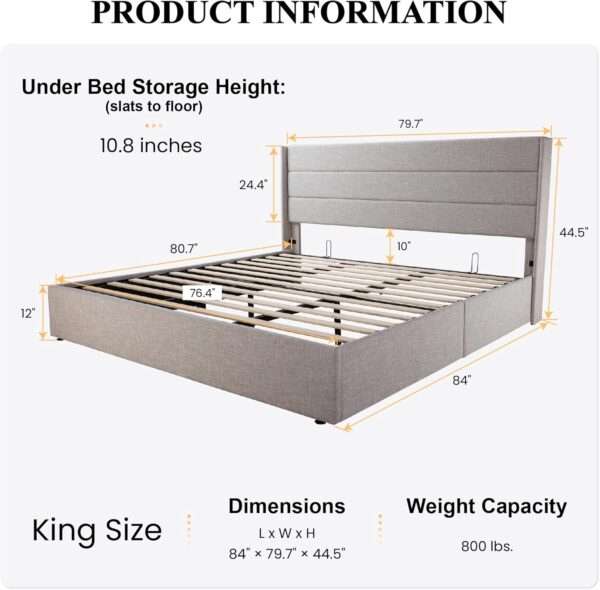 SHA CERLIN King Size Lift Up Storage Bed/Modern Wingback Headboard/Upholstered Platform Bed Frame/Hydraulic Storage/No Box Spring Needed/Wood Slats Support/Light Beige - Image 2