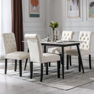 PU Leather Upholstered Dining Chairs Set of 4 Tufted Solid Wood High Back Parsons Chairs Armless Side Chairs for Kitchen and Dining Room, Cream