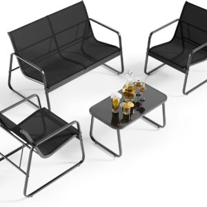 Gizoon 4 Piece Patio Furniture Set, Outdoor Patio Furniture with Loveseat and 2 Single Chairs, Bistro Table and Chairs Set for Backyard, Balcony, Lawn,Black