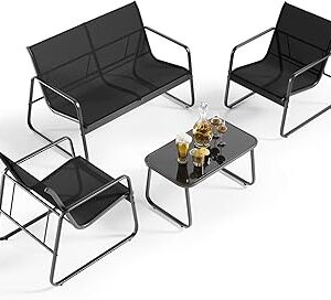 Gizoon 4 Piece Patio Furniture Set, Outdoor Patio Furniture with Loveseat and 2 Single Chairs, Bistro Table and Chairs Set for Backyard, Balcony, Lawn,Black