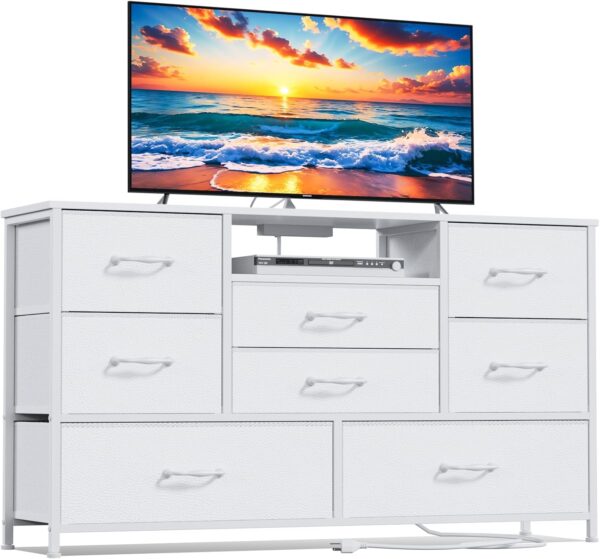 Furnulem White Dresser for Bedroom, Wide Chest of Drawers with Power Outlet for 55" TV Stand Entertainment Center, Deep 8 Drawers for Storage in Living Room,Entryway,Hallway,Closet(White)