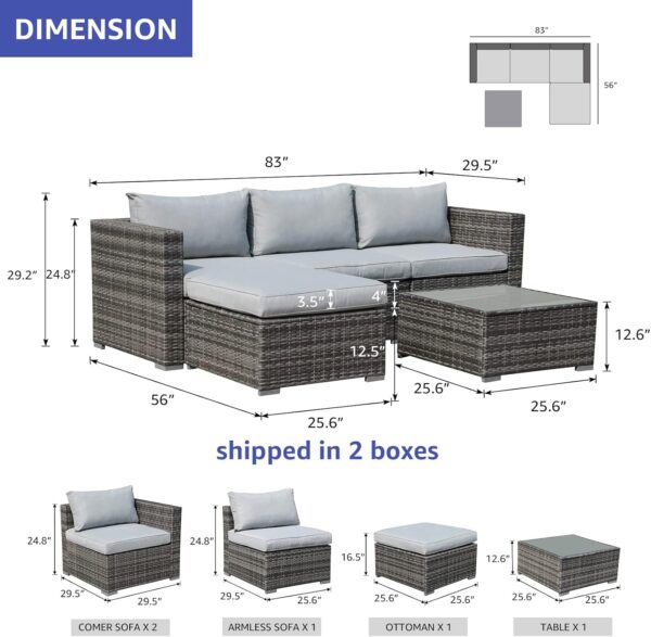 Patiorama 5 Piece Outdoor Patio Furniture Set, Sectional Conversation All-Weather Grey PE Wicker w/Light Cushions, Backyard Porch Garden Poolside Balcony Set - Image 4