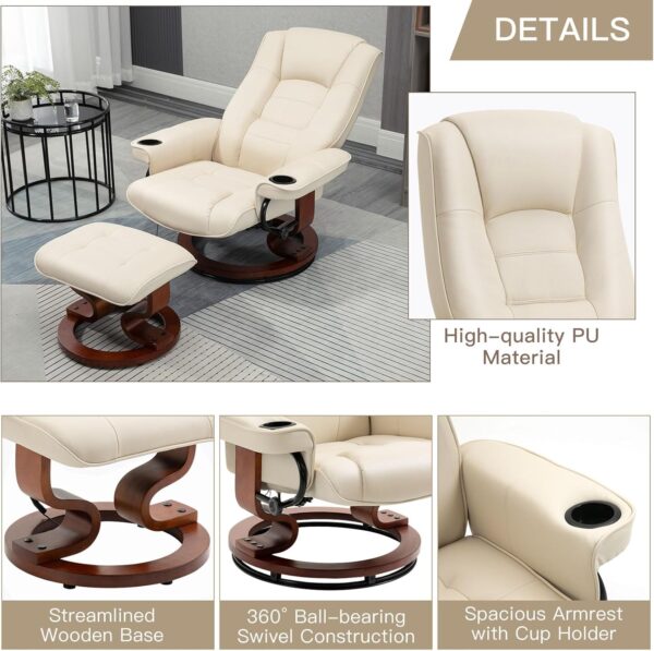 AVAWING Reclining Chair with Vibration Massage Faux Leather Recliner with Ottoman Swivel Wood Recliner Chairs for Living Room, Beige - Image 5