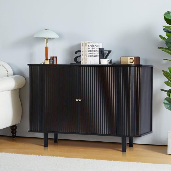 Storage Cabinet, Sideboard Buffet Cabinet with Stripping Decorated Design, 2 Doors and Adjustable Shelve, Console Table, Credenza for Living Room, Dining Room, Bedroom (Black) - Image 4