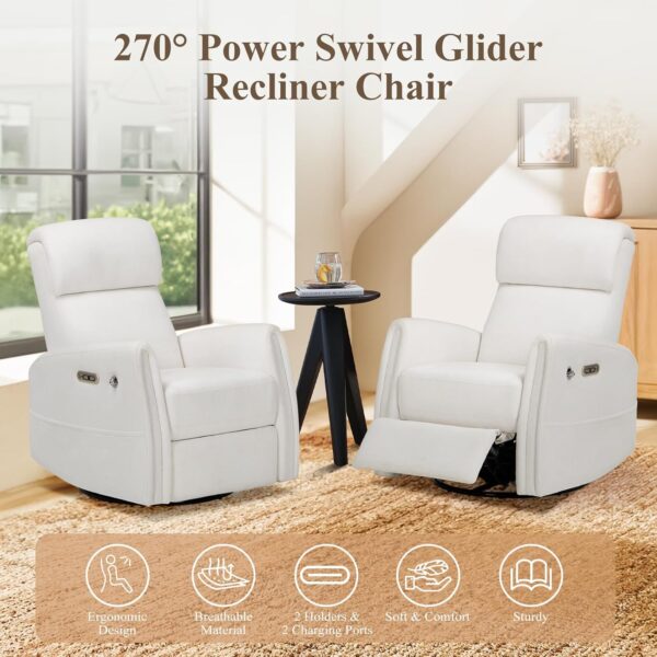 COLAMY Power Swivel Glider Recliner Chair, Nursery Rocking Chair, Living Room Chair, 270° Swivel 145° Recliner Chair with Built-in Charging Ports for Living Room, Apartment, Home, White - Image 7