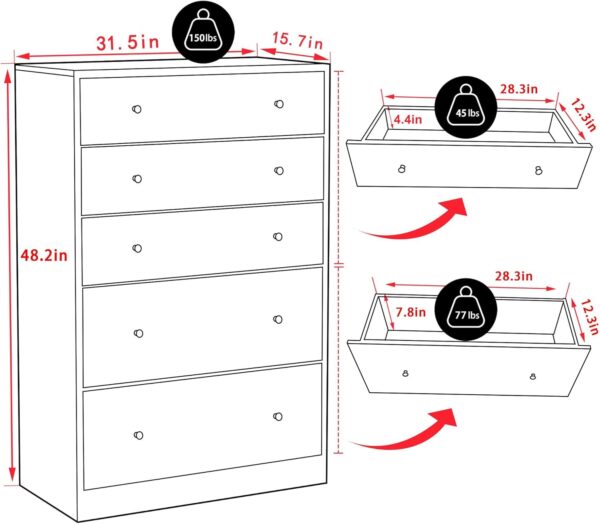 MUPATER Oversized Dresser Chest of Drawers for Storage, Tall 5 Drawer Dresser Wood Grain with Metal Knobs for Living Room, Hallway and Entryway, White - Image 2