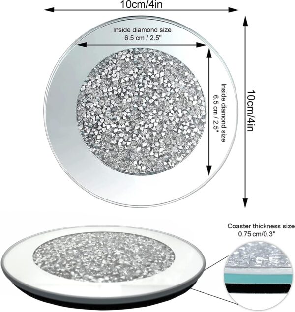 GIMORRTO Glass Mirrored Coaster 4 PC, Crushed Diamond Round 4" Cup Mat Decor on Tabletop for Bar Tools Dining Table - Image 5