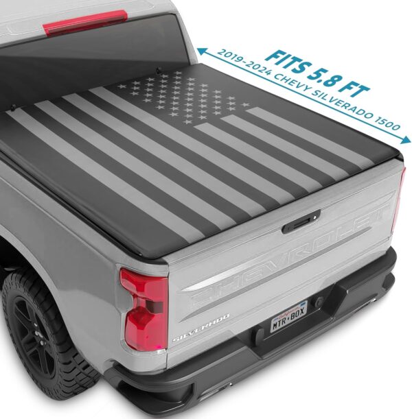 Truck Tonneau Cover for Chevy Silverado 1500 / GMC Sierra 1500 2019-2024 with 5.8 ft Bed Length, All-Weather Soft Roll Truck Bed Cover for Truck Black Flag Print - Image 6