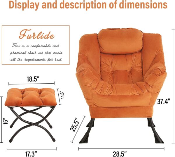 Lazy Chair with Ottoman, Modern Chair with Folding Footrest, Lounge Accent Chair, Comfortable Reading Chair, Oversized Armchairs for Bedroom, Study, Living Room, Courtyard (Velvet Orange) - Image 2