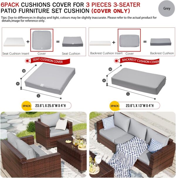 ClawsCover 6Pack Outdoor Patio Seat and Back Cushions Replacement Covers Fit for 3-Seater Wicker Rattan Furniture Conversation Set Sectional Couch,Gray-Included Covers Only - Image 3