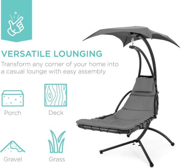 Best Choice Products Outdoor Hanging Curved Steel Chaise Lounge Chair Swing w/Built-in Pillow and Removable Canopy - Charcoal Gray - Image 5