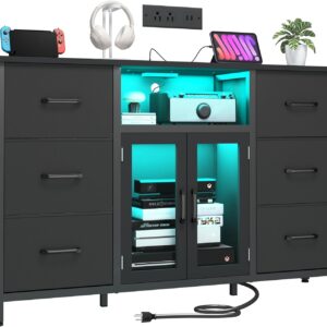 Dresser,Black Dresser for Bedroom Dresser TV Stand with Charging Station for 60" TV Long 6 Drawer Dresser for Bedroom with LED Light Large Fabric Dresser Organizer Unit Tall Chest of Drawers for Kids