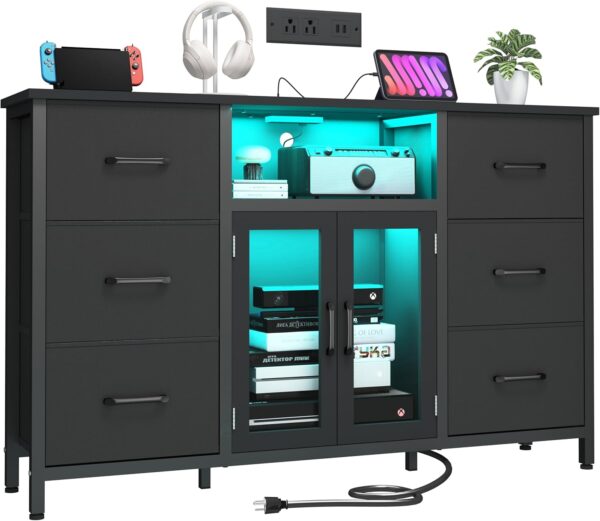 Dresser,Black Dresser for Bedroom Dresser TV Stand with Charging Station for 60" TV Long 6 Drawer Dresser for Bedroom with LED Light Large Fabric Dresser Organizer Unit Tall Chest of Drawers for Kids