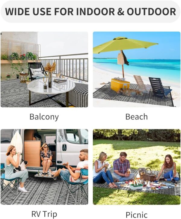 MontVoo Outdoor Rug Carpet Waterproof 5x8 ft Reversible Patio Rug RV Camping Rug-Plastic Straw Rug Outside Indoor Outdoor Area Rug for Patio Deck Balcony Picnic Beach Outdoor Decor Boho Grey - Image 3