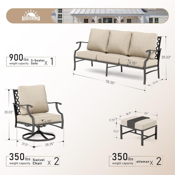 Patio Furniture Set, Modern Metal Outdoor Patio Furniture, 3 Seater Sofa, 2 Swivel Chairs, 2 Ottomans and 5.75" Extra Thick Cushion, Patio Conversation Set for Garden Backyard Deck - Image 6
