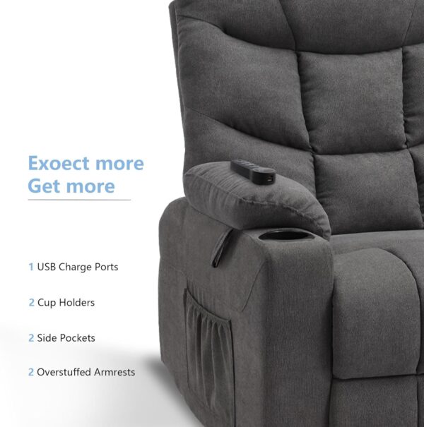 Power Lift Recliner Chair with Massage & Heat for Elderly, Linen Fabric Lazy Recliner Sofa Chairs with Cup Holders/USB/Side Pockets for Living Room, Dark Grey - Image 7