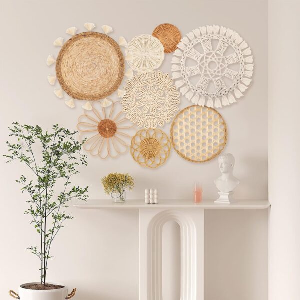 Boho Wall Basket Decor Set of 8 - Flat Woven Basket Wall Hanging Decor,Round Tassels White Macrame Tapestry Wall Decor Art,Handmade Rattan Wicker Seagrass Home Wall Baskets Decor（Boho Classic) - Image 5