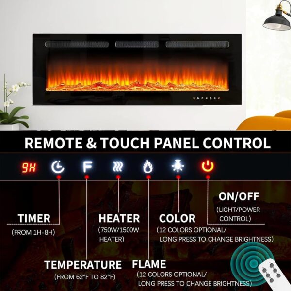 oneinmil Electric Fireplace, 50 inch Wide Recessed/Wall Mounted Electric Fireplace, Remote Control with Timer 12 Adjustable Color Flame, Remote Control,with Crystal Stone, 750/1500W - Image 3