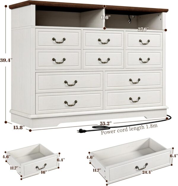 EnHomee 10 Drawers Dresser for Bedroom 55.2''Wide Wood Dresser White Dresser with LED & Power Outlet Large Dressers & Chests of Drawers for Closet,Hallway, 55.2" W x 39.4" H x15.8 D - Image 2