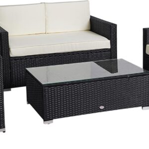 Outsunny 4 Piece Wicker Patio Furniture Set with Cushions, Outdoor Sectional Furniture with 2 Sofa, Loveseat, and Glass Top Coffee Table, Conversation Sofa Sets for Garden, White