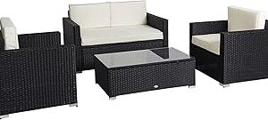 Outsunny 4 Piece Wicker Patio Furniture Set with Cushions, Outdoor Sectional Furniture with 2 Sofa, Loveseat, and Glass Top Coffee Table, Conversation Sofa Sets for Garden, White