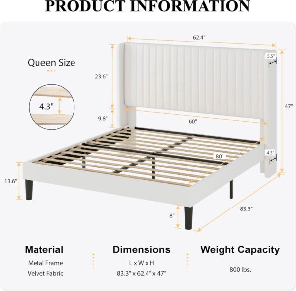 SHA CERLIN Queen Size Velvet Bed Frame with Vertical Channel Tufted Wingback Headboard, Upholstered Platform Bed with Wood Slats, No Box Spring Needed, Easy Assembly, White - Image 2
