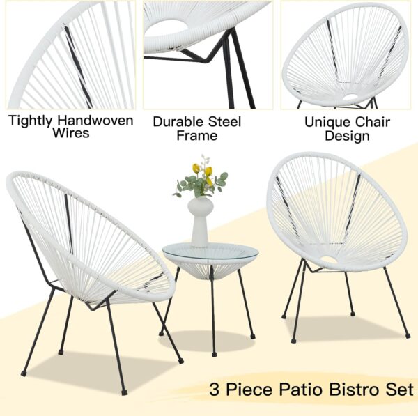 ECOTOUGE 3 Pieces Acapulco Chair Set, Wicker Bistro Set with Pillow, Outdoor Rattan Furniture Set with Glass Top Table for Porch, Balcony, Garden and Poolside, White - Image 3